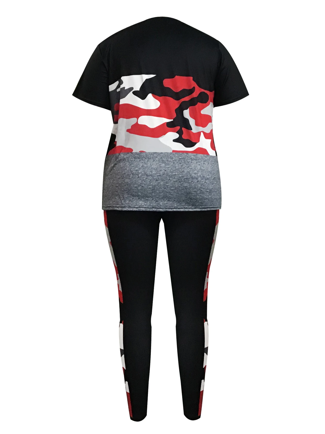 LW Plus Size Camo Print High Waist Pants Set Crew Neck Short Sleeve T-shirt & Color Contrast Trousers Women Sports Streetwear