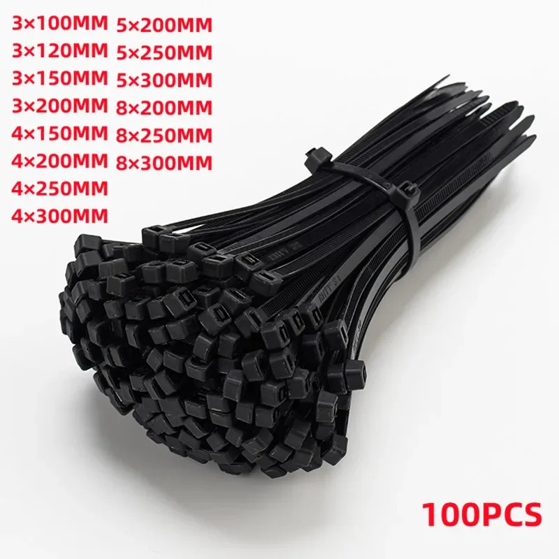 Self-locking plastic nylon tie 100 PCS black cable tie fastening ring cable tie zip wraps strap nylon cable tie set