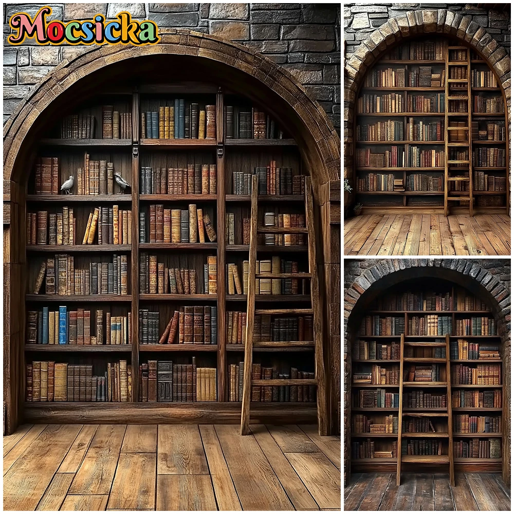 

Mocsicka Vintage Bookshelf Photography Background Adult Baby Portrait Birthday Party Photo Backdrop Book Ladder Decors Wallpaper