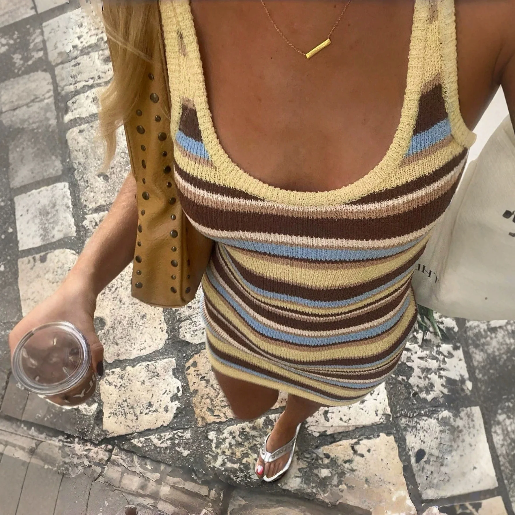 Retro Colorblock Striped Knitted Mini Dress Women Summer Sexy Scoop Neck Sleeveless Bodycon Sundress Streetwear Party Clubwear