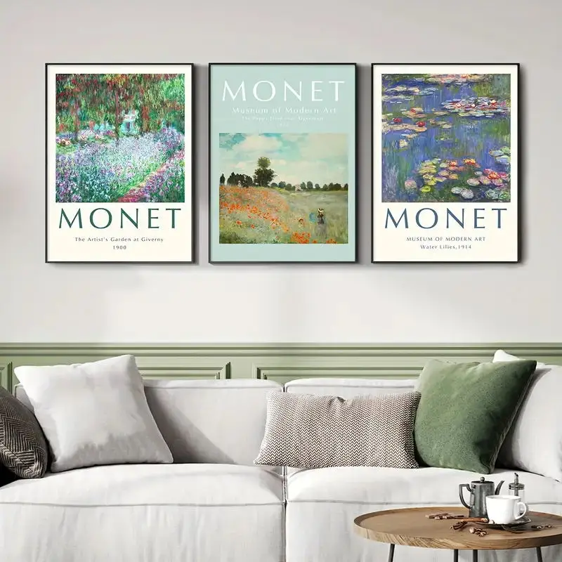 3pcs/Set Retro Floral Monet Water Lily Canvas Poster Decoration Artistic Picture Wall Hanging Painting Living Room Home Decor
