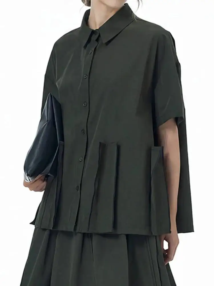 

Women Army Green Patch Spliced Big Size Blouse New Lapel Short Sleeve Shirt Fashion Tide Spring Summer