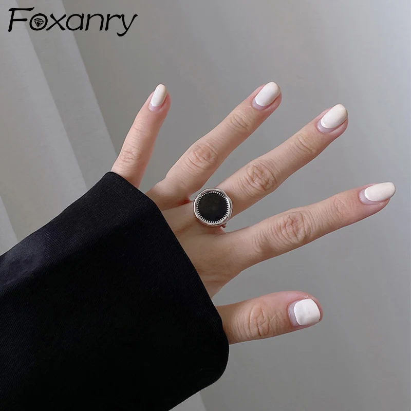 Foxanry Black Drop Glaze Round Rings For Women Couples Fashion Personality Minimalist Classic Daily Party Jewelry Gift Wholesale