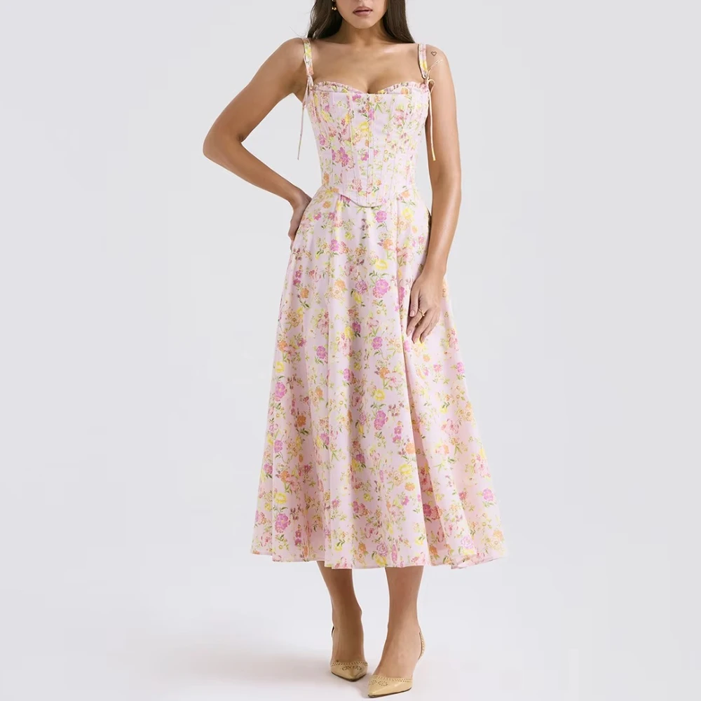 

Elegant Floral Print Square Collar Slit Spaghetti Strap Corset Prom Dresses Exquisite High Quality Evening Party Gown Customized