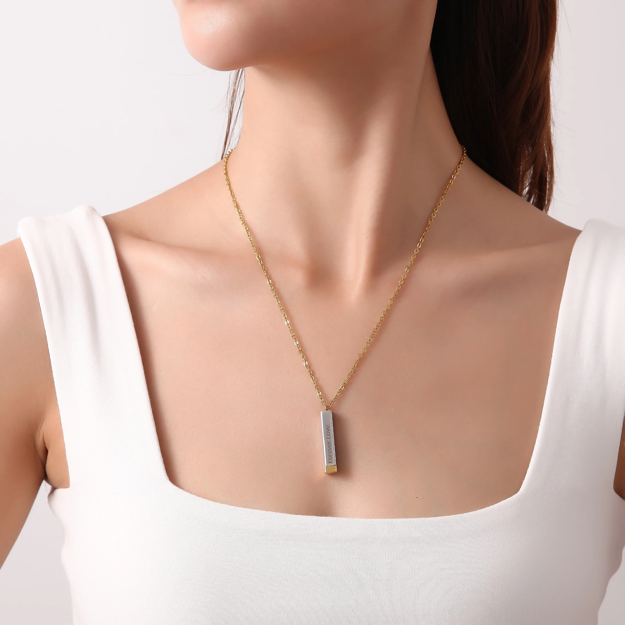 Custom Names Vertical Bar Necklace Four Sided Necklace Stainless Steel Personalized Valentine's Day Gift