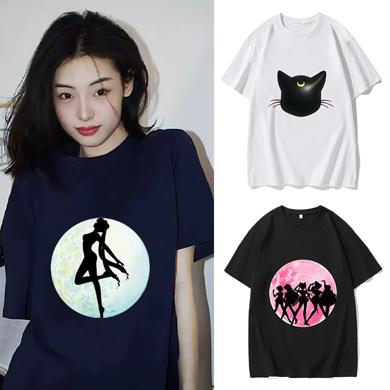 Sailor Moon T-shirt Woman Summer Fashion Planet Figures Tops Anime Luna Cat Girl Tees Adult Clothing Short Sleeve Gift Hot Sales