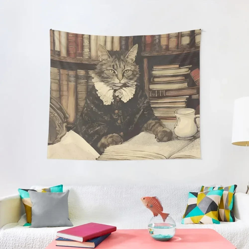 Librarian Cat Studying - Dark Academia Aesthetic Tapestry Bedroom Decoration Room Decorations House Decoration Tapestry