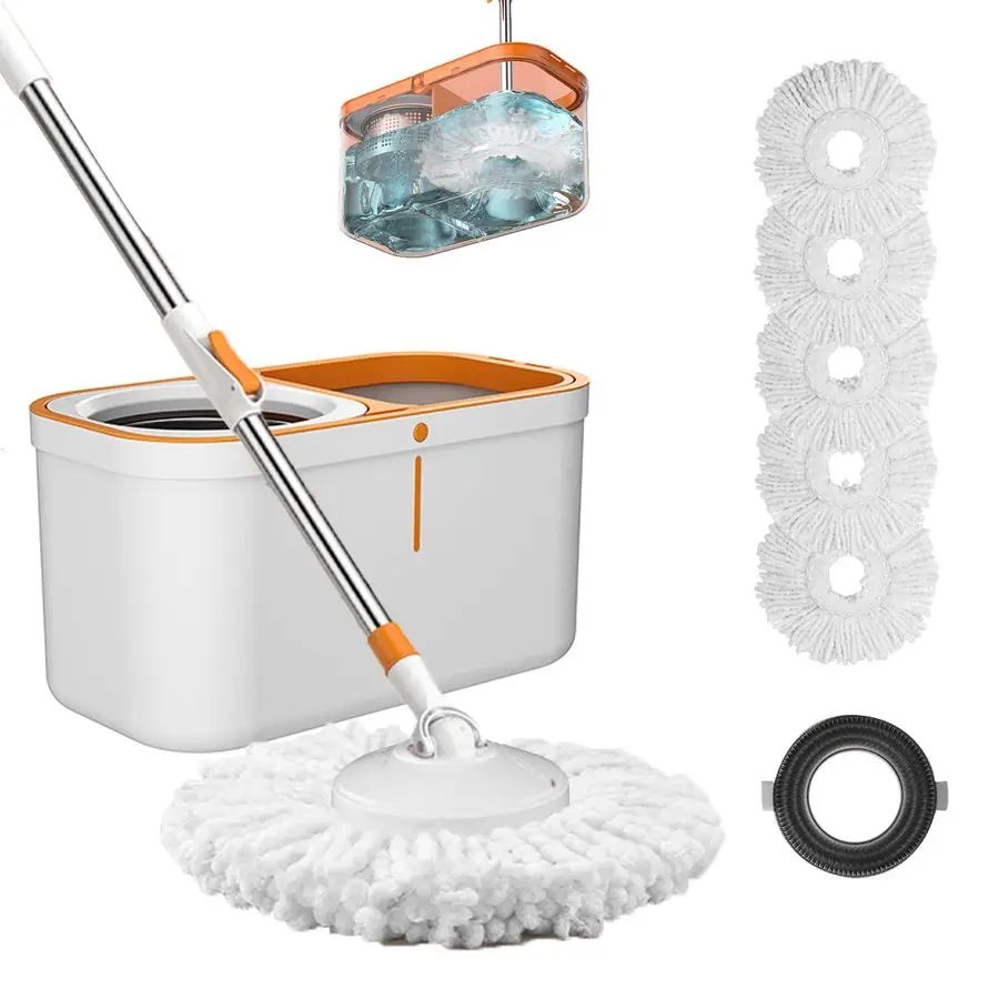 

Spin Mop and Bucket Set with Wringer System Extended Stainless Steel Handle 61for Home Floor Cleaning Use with 5 Replacement Hea