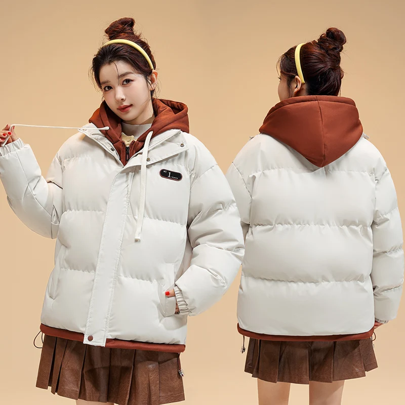 American High Street Oversize Cotton Jacket Women Winter Thick Casual Student Fake Two-Piece Thickened Cotton Coat Retro Cott...