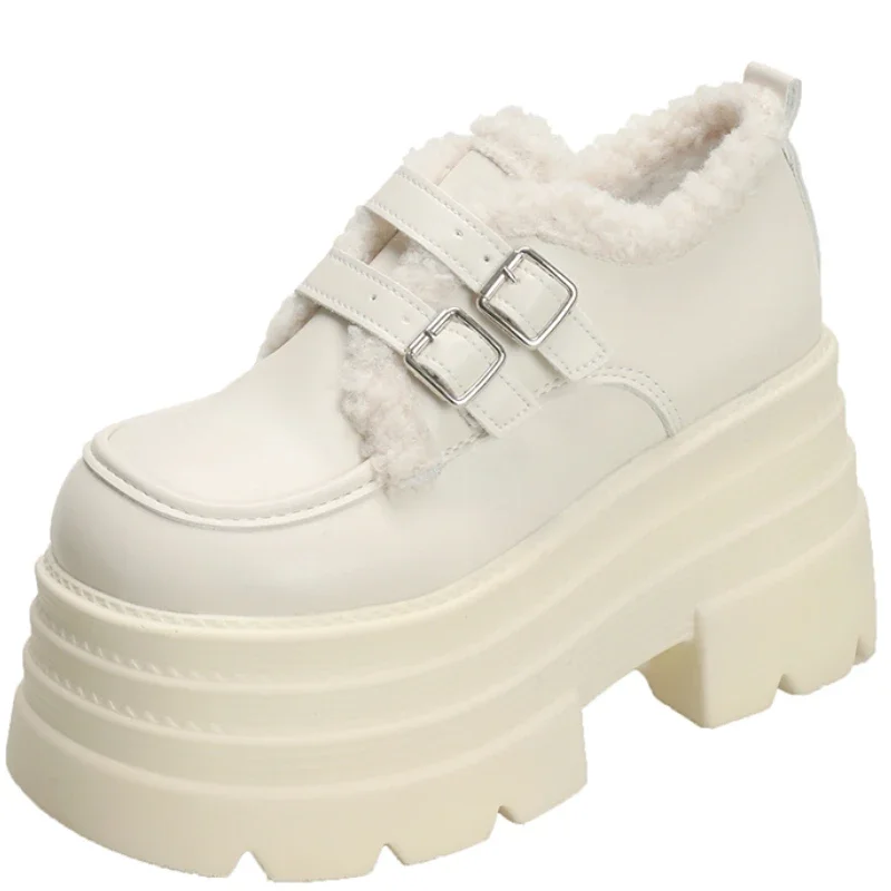 

Женские кожаные кроссовки на платформе 10 см, новинка 2023 года, осень-зима, теплые плюшевые зимние ботинки с пряжкой, хлопковая женская обувь на толстой подошве