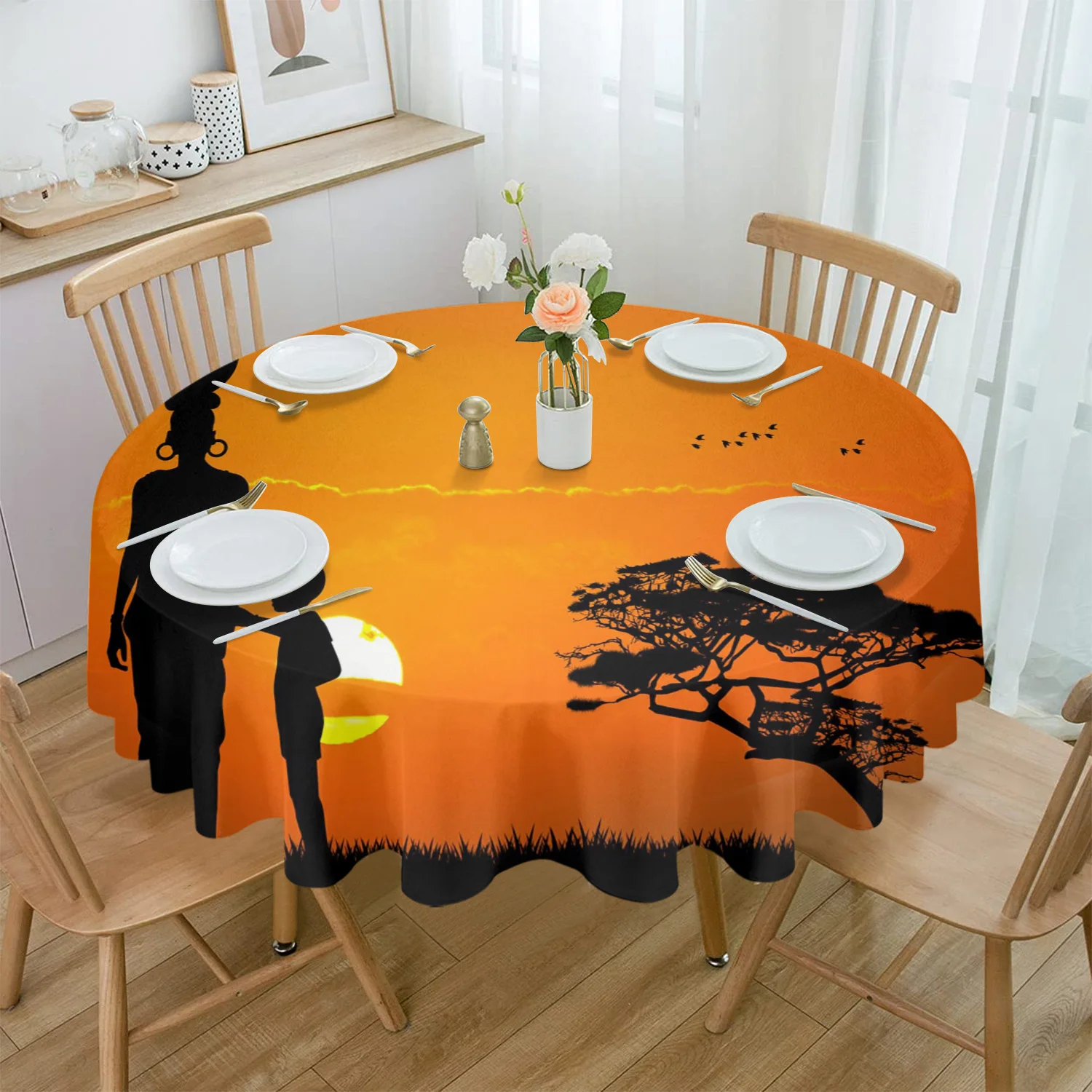 African Woman Child Tree Silhouettes Tablecloths for Dining Table Waterproof Rectangular Table Cover for Kitchen Living Room