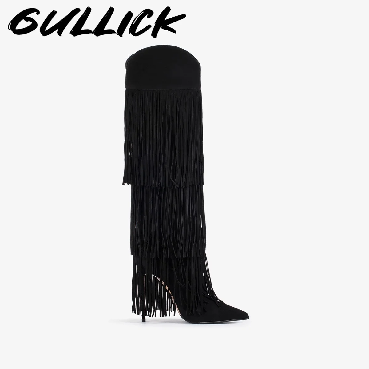 البني شرابة حذاء برقبة للركبة أشار تو بوتاس النساء الفاخرة أحذية مصممين الخريف الشتاء 2025 خنجر أسود Zapatos De Mujer