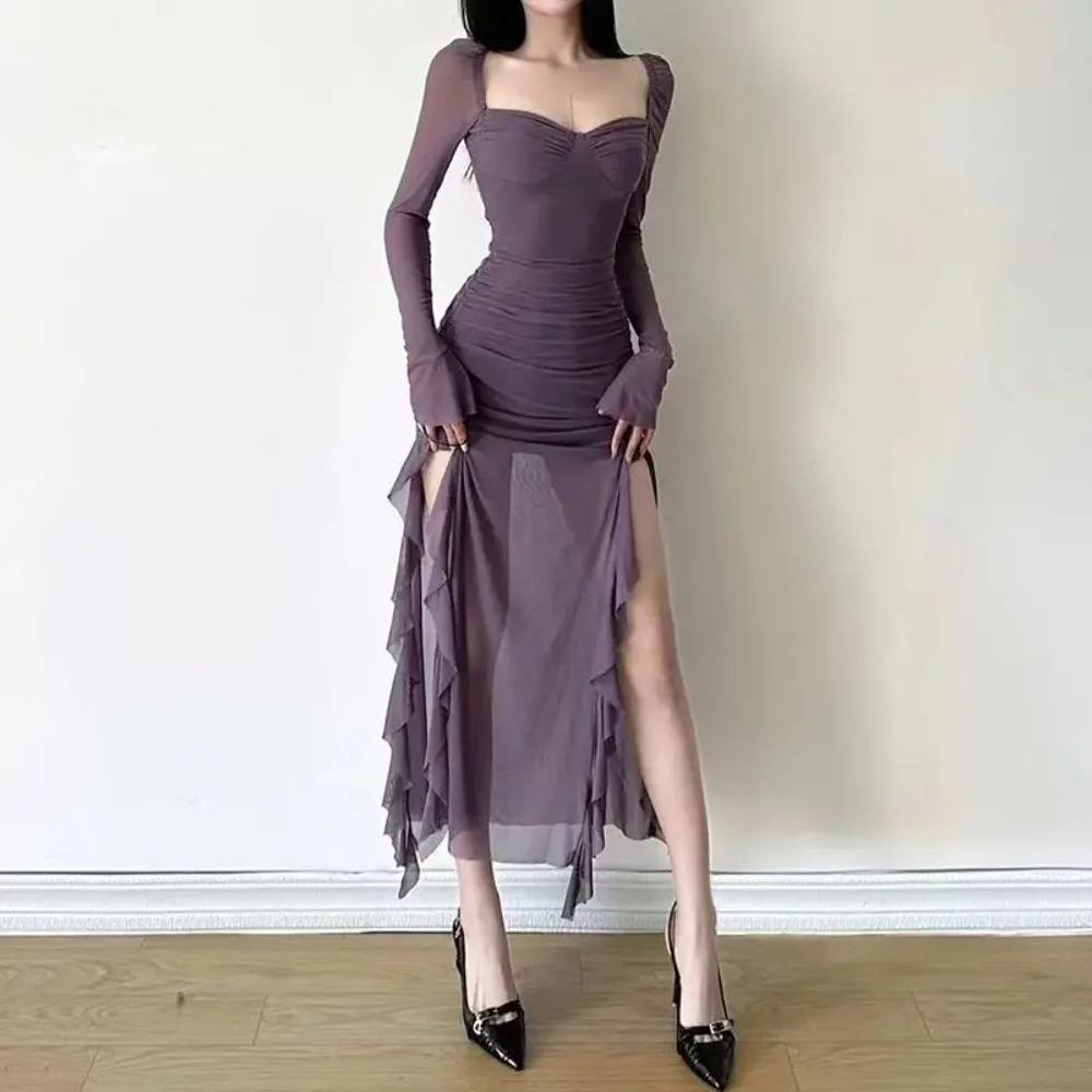 Sexy Ruffles Party Club Black Purple Dress Fashion Vestidos Women Long Sleeve High Slit Mesh Bodycon Dress