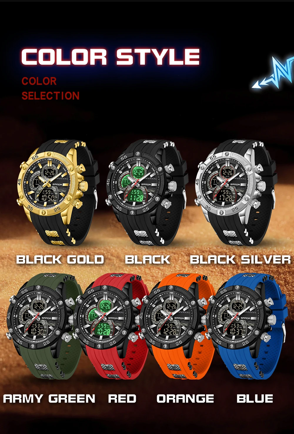 SANDA New 6162 Fashionable Men's Electronic Watch Sports Fashion Multifunctional Waterproof LED Men's Electronic Watch 2025