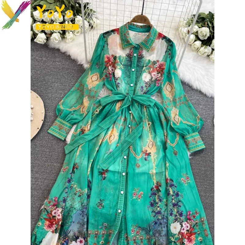 Elegant green print Lantern Sleeve Belt Shirt A-line Dress Women New Fashion Palace style Luxury Slim Bodycon Party Dress