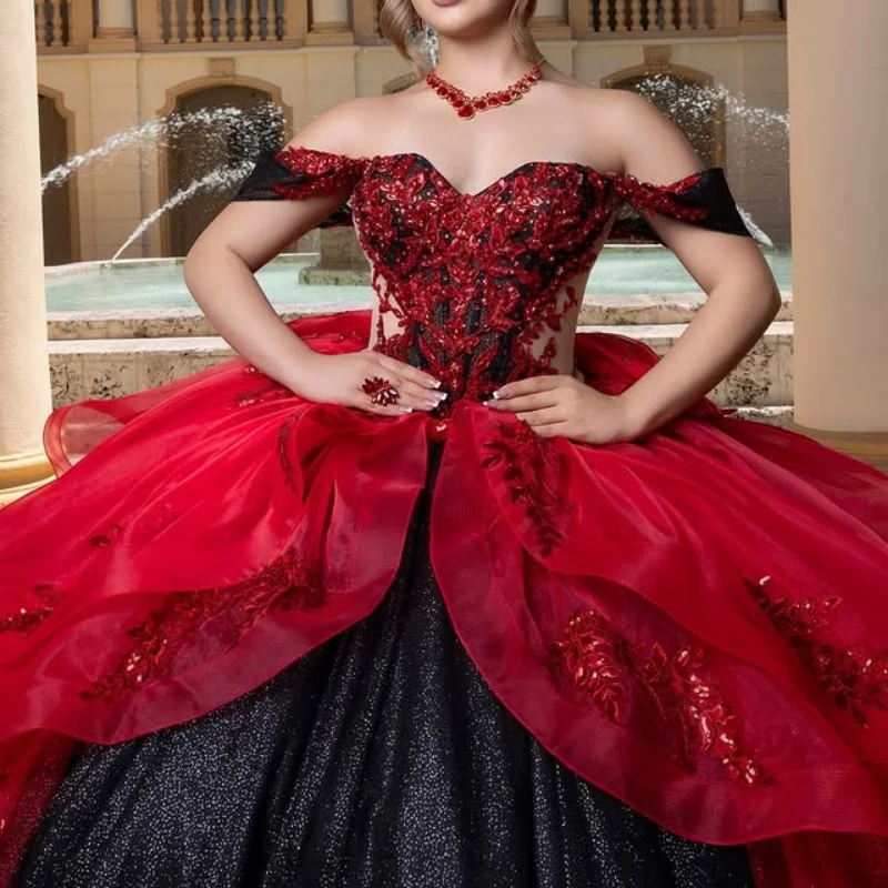 

Shiny Dark black Quinceanera Dress Crystal Glitter 3D Flower Decal Layering Long tail Bow Vestidos De 15 Quinceanera ﻿Customize