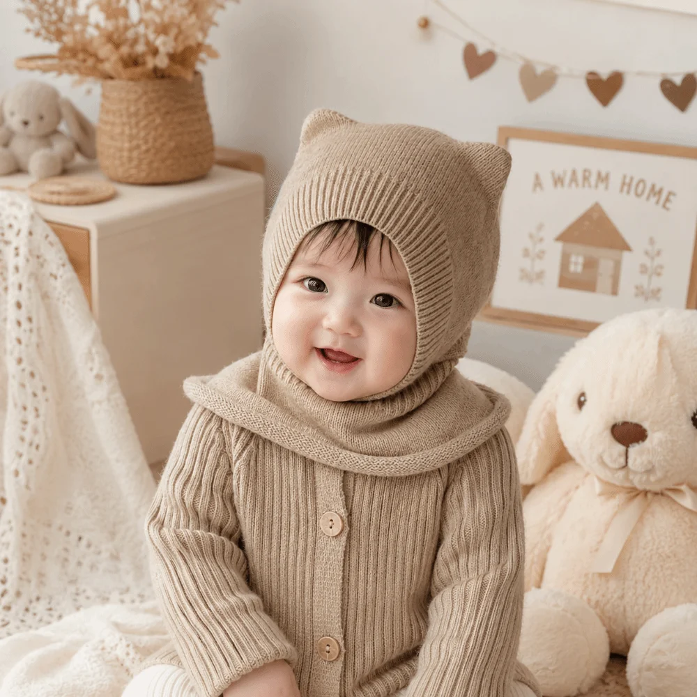 Cute Warm Woolen Balaclava Hat Solid Color Ear Protection Knitted Beanie Cap Soft Windproof Winter Toddler Hat Boy Girl - view 5