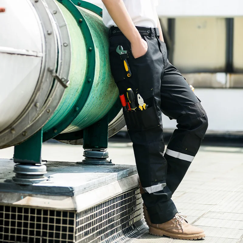 Bauarbeitshose aus Polykumwolle für Herren mit reflektierenden Streifen, Arbeitshose mit mehreren Taschen, Arbeitskleidung für Herren