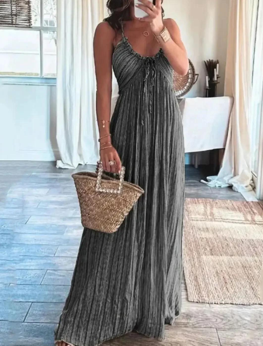 

Solid U-neck High-waisted Evening Dress for Women Backless Sexy Party Dress Sling Sleeveless Lady Lace-up Long Dresses Dinner