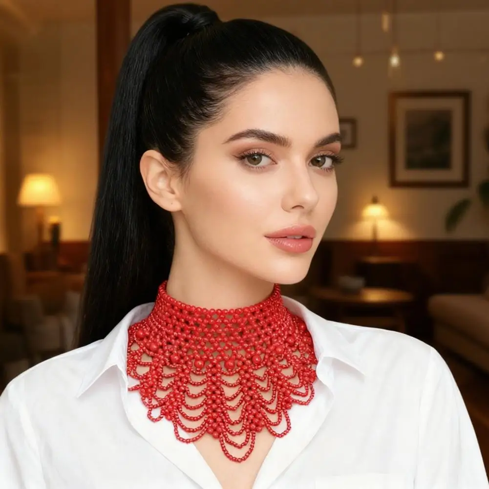 Winter Vacation Party Necklace Imitation Pearl Bib Necklace Elegant Multi-layered Imitation Pearl Fake Collar Necklace for Solid