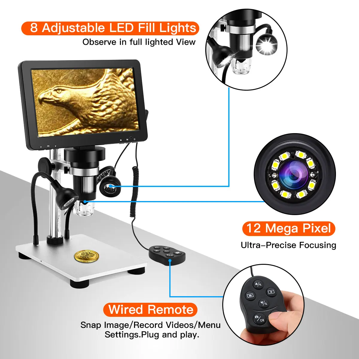 Imagem -03 - Tomlov Dm9 Digital Usb Microscópio Eletrônico 1080p Display Lcd com Tubo de Extensão 1200x Ampliação para Telefone Reparação