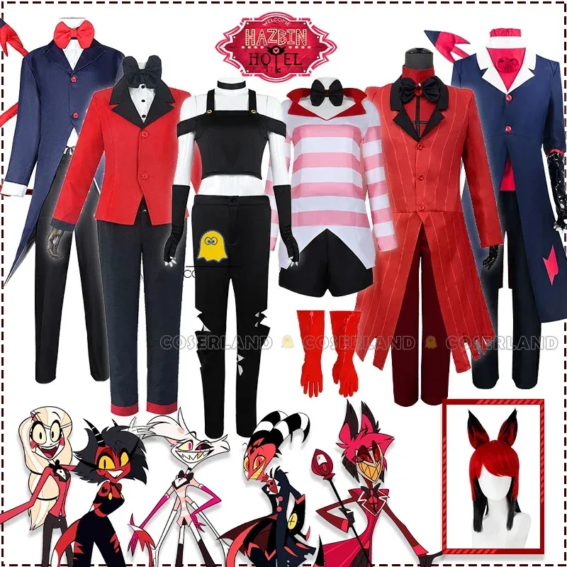 

IN STOCK Anime Hazbin Cosplay Hotel Alastor Blitzo Costume Wig Red Striped Suit Charlie Millie Angel Dust Cosplay Uniform Women