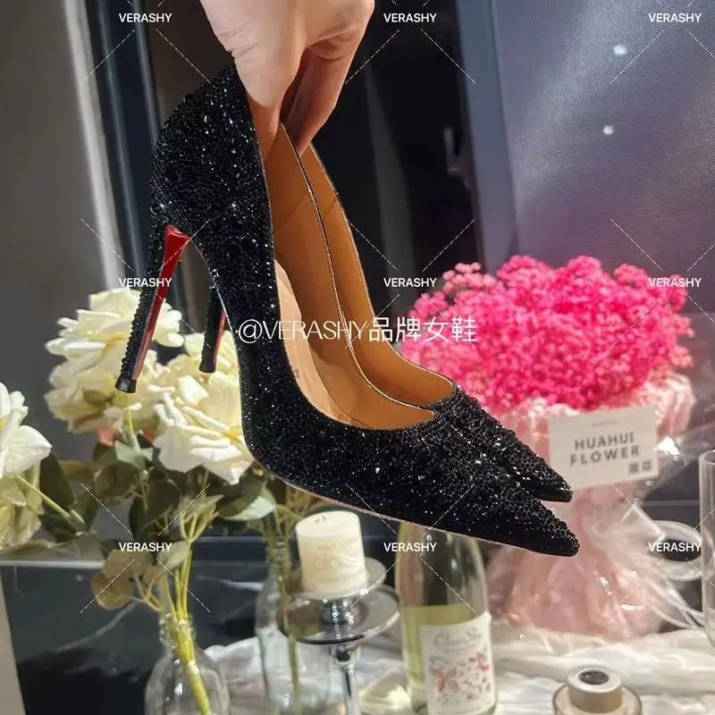 Crystal red soled high heels, black pointed shallow mouth single shoes, thin heels, evening temperament women's shoes