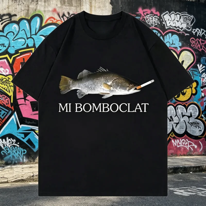 Mi Bomboclat Funny Smoking Fish Tee Vintage Hip Hop Black Short Sleeve Y2K Meme Unisex Casual Loose Graphic T Shirt