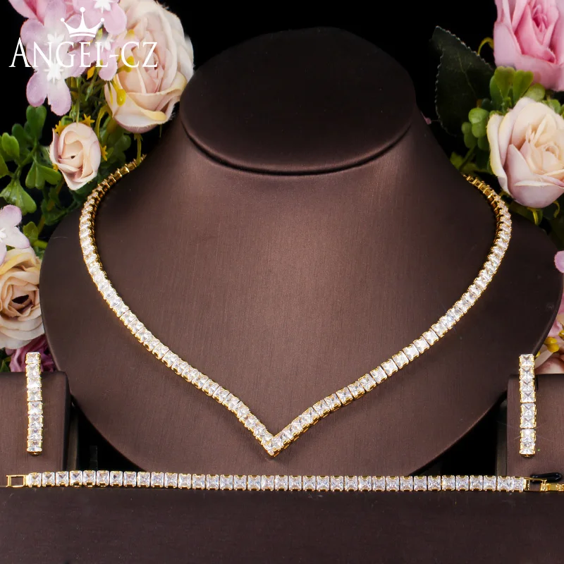 Angelcz-貴重なジュエリーセット,キュービックジルコニアのイヤリング,ネックレス,ブレスレット,コスチューム,正方形のカット,aaa,パヴェの設定,aj135