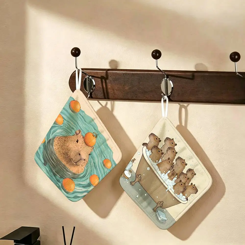 Capybara Cartoon Cute Polyester Cotton Hand Wiping Towel with Hanging Loop, Lightweight for Home and Commercial Use