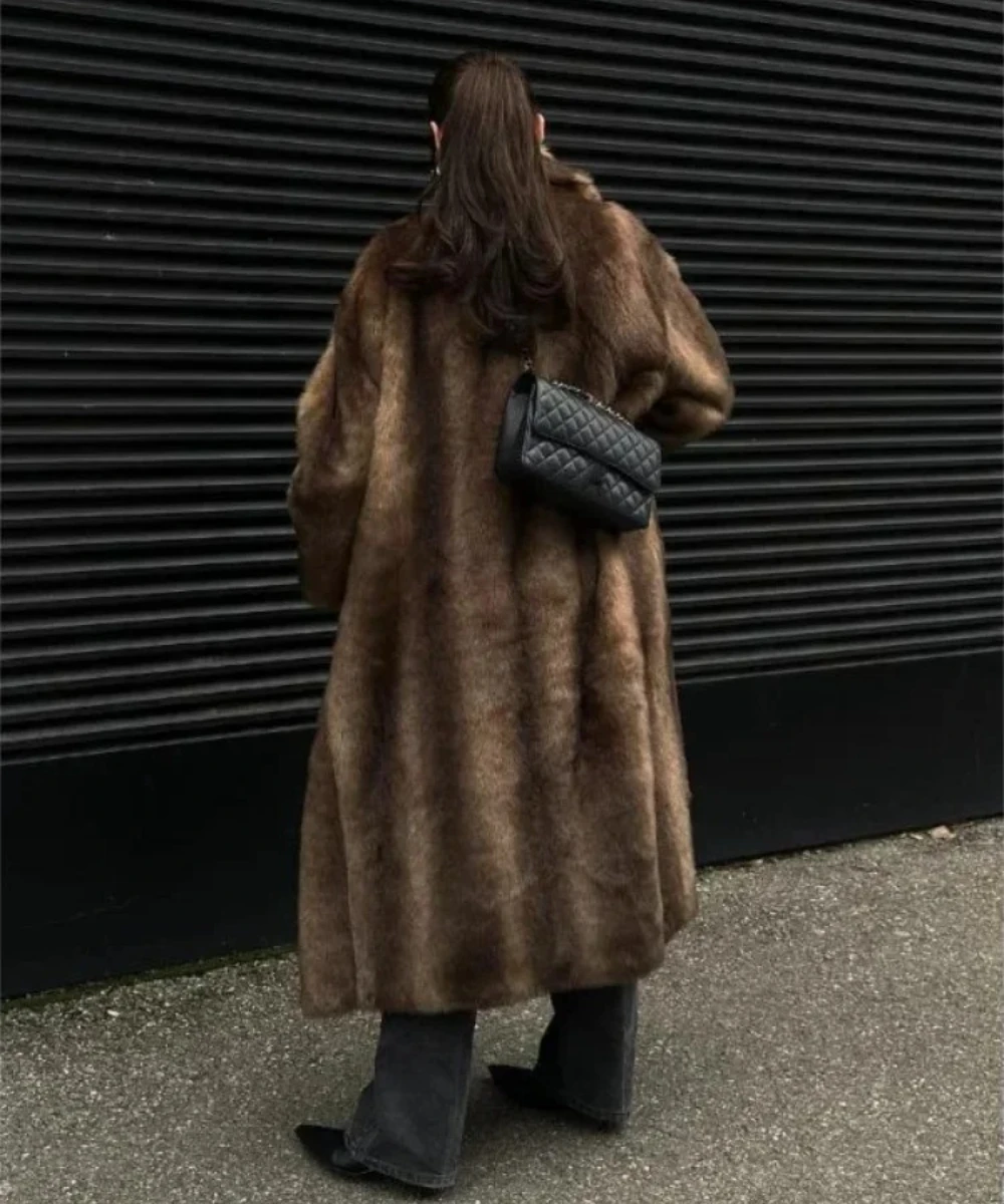 معاطف سميكة للخريف والشتاء للسيدات الأوروبية الأمريكية أنيقة، معاطف طويلة من القطيفة الاصطناعية ذات صدر واحد #5