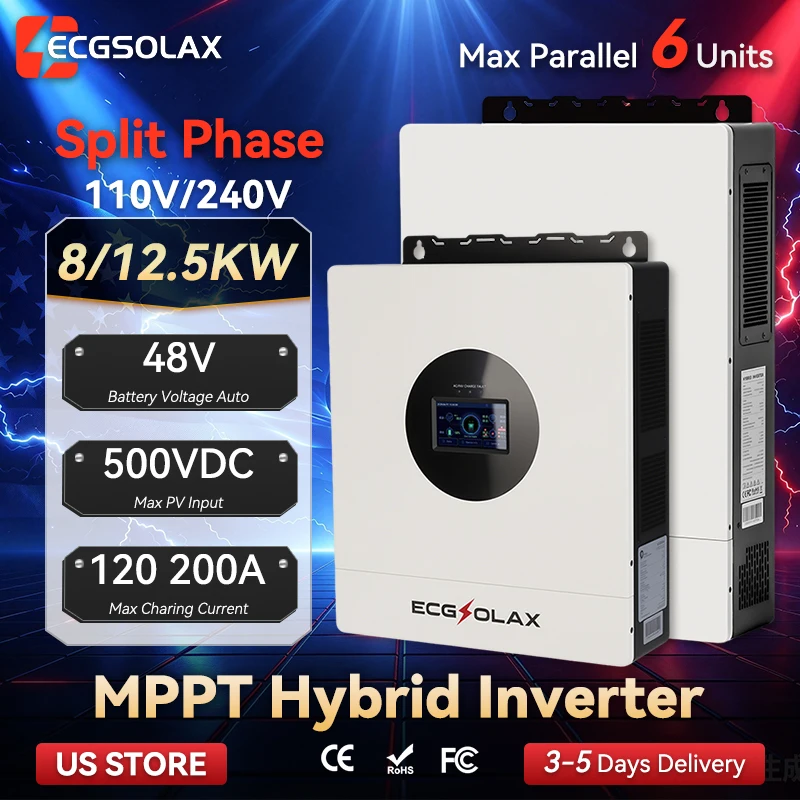 ECGSOLAX 8KW/12KW 48V Split Phase Hybrid Solar Inverter 120/240V 60Hz US Version, Up to 6 Units Parallel, Dual MPPT, NEC Compliant Home Energy Storage Inverter for Residential PV+Battery Backup