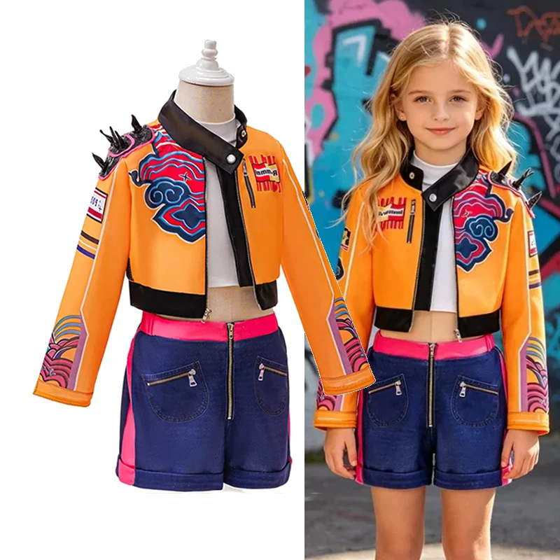 Mädchen Street-Style Cosplay-Set, Kurze Jacke, Jeans-Shorts, Kinder-Outfit für Halloween, Karneval, Geburtstag, Themenparty, Verkleidung