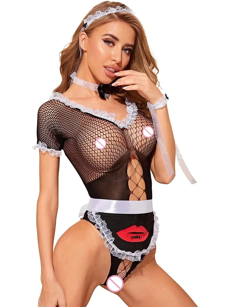 Disfraces exóticos de sirvienta, lencería Sexy Anal abierta, ropa interior traviesa para mujer, ropa erótica con escote en V profundo, traje Onlyfans