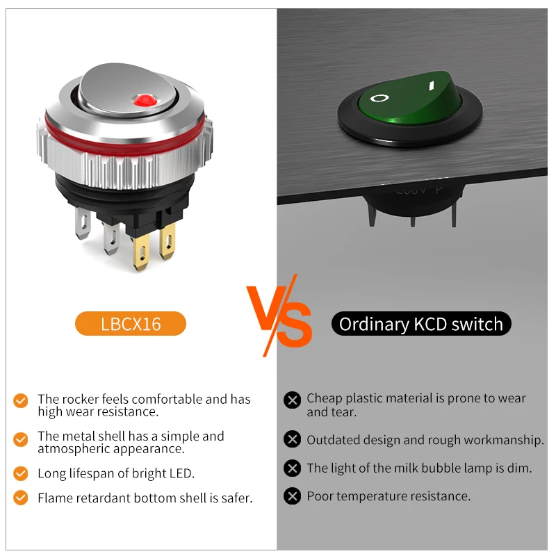 LANBOO 16MM Rocker switch 2NO/2NO2NC chrome-plated button or oxidized black button 7A current with led 5-24V/220V