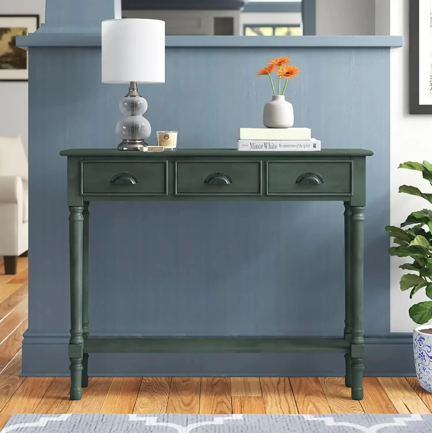 Modern,Console with 3 Drawers (Solid Wood, Peacock Green)32'' H x 39.5'' W x 9.5'' D,Effortless Assembly - Equipped