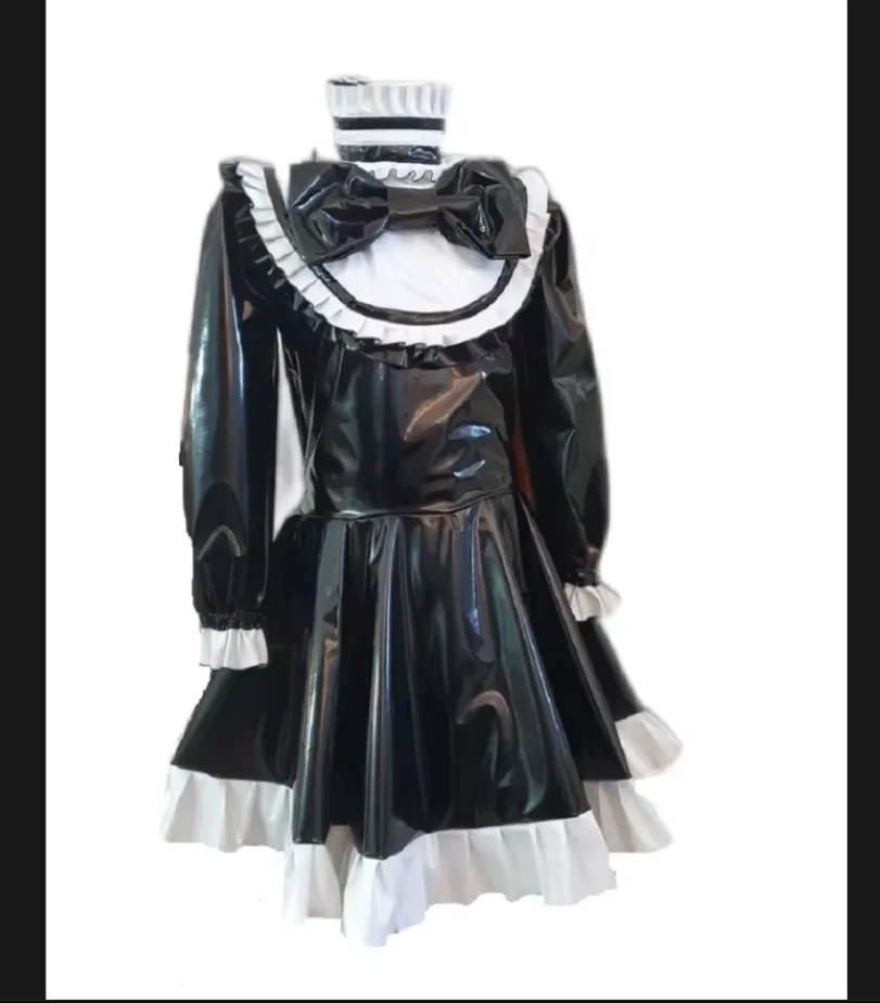 Vestido Sexy Sissy con cerradura, delantal de PVC blanco y negro para sirvienta, delantal de manga corta con cuello medio, traje de juego de rol con volantes, personalización