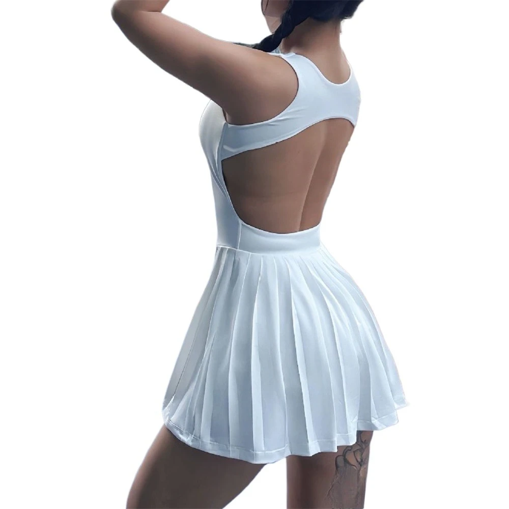 فستان تنس كاجوال أبيض بدون ظهر بجيب مطوي وتنورة رياضية خارجية سريعة الجفاف وقابلة للتنفس ملابس لياقة بدنية