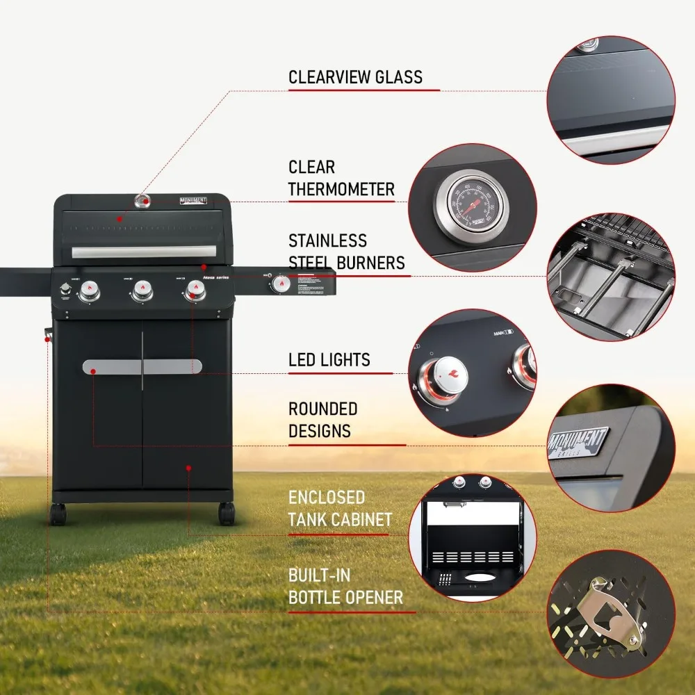 3 Burner Propane Gas Grill, 48,000 BTU Patio Garden Grill with Side Burner and Knob Controls, Outdoor Barbecue Grill