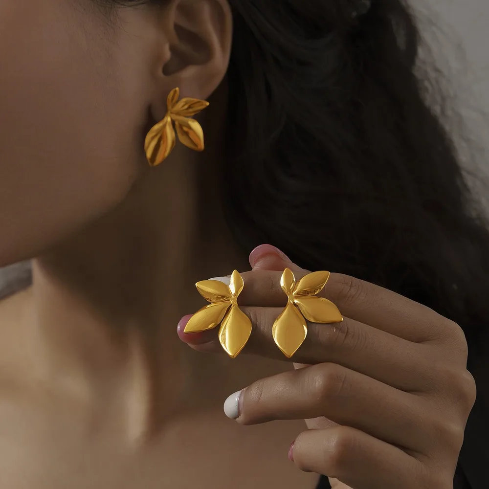 1 pair 3.5×2.2cm Leaves Stud Earrings Fashion Anti Allergy Flower Stud Earrings Texture Waterproof Stainless Steel Stud Earrings