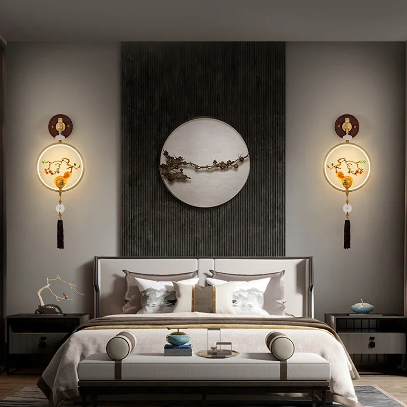 Nowa lampa z litego drewna i miedzi, nowy chiński salon, ściana tła TV, chińska lampa ścienna, lampka nocna do sypialni, lampa dekoracyjna