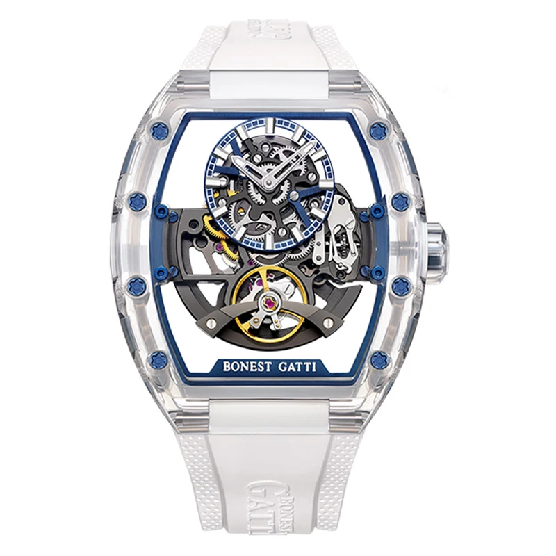 BONEST GATTI Men Automatic Watch 50mm Tonneau Mechanical Wristwatch Transparent Acrylic Case Waterproof Sapphire Mirror Luminous