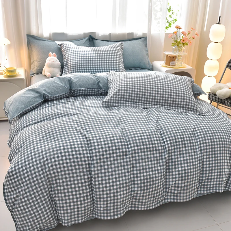 4Pcs Blue White Gingham Bedding Set Soft Microfiber Duvet Cover Bed Sheets Pillowcases Small Plaid Print Home Bedroom Decor