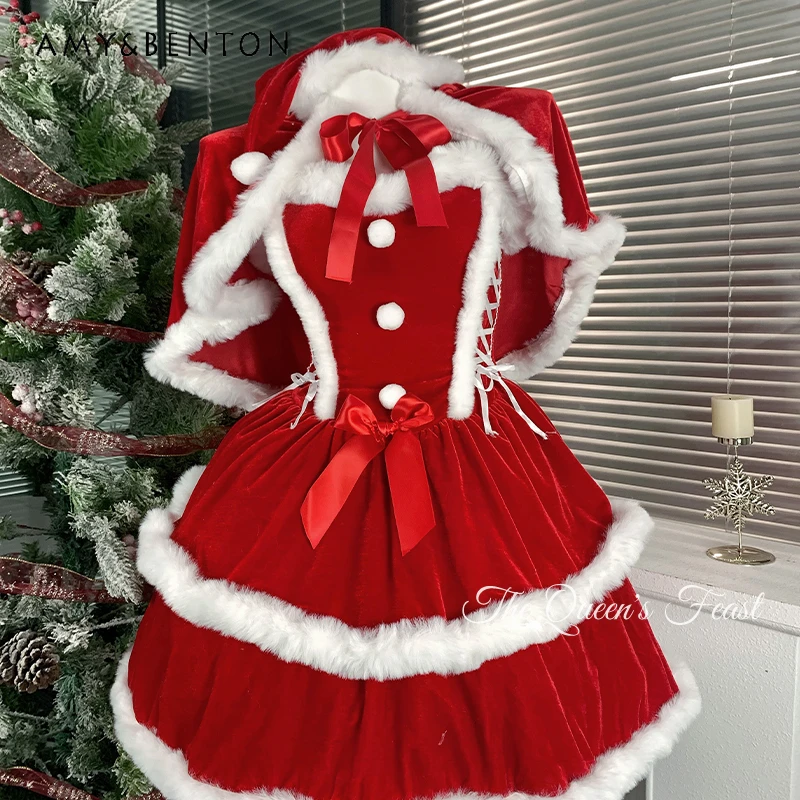 

Christmas Outfit 2025 Autumn Winter New Red Velvet Furry Splicing Women's Tube Top Dress Sweet Cool Sexy Lolita Dresses Ladies