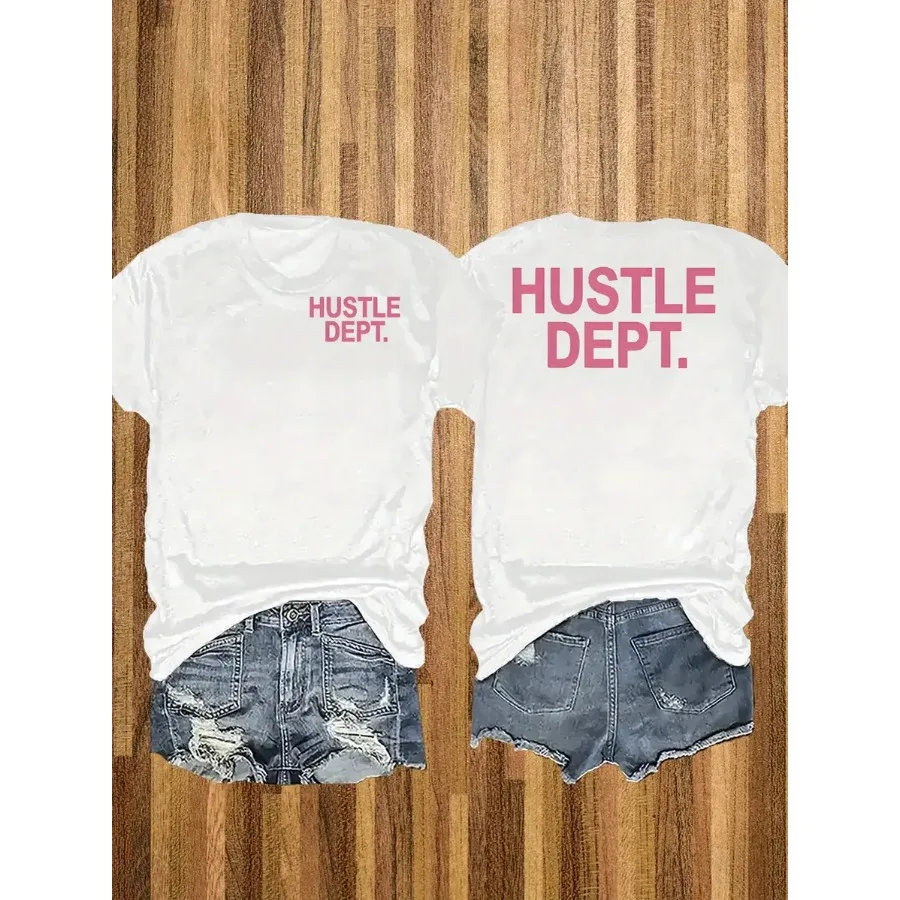 【New Arrival】Women Hustle Dept Front Back Print Bold Pink Letter Graphic T Shirt Hustle Department Motivational Casual Cotton Short Sleeve Tee