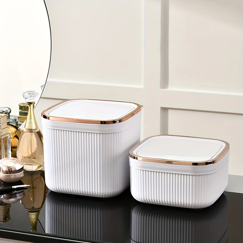 Square Press Type Mini Trash Can Quiet Close Elegant Ribbed Design with Golden Accents Plastic Desktop Bin Bathroom Home Use