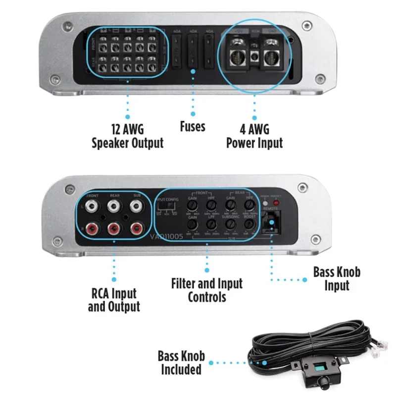 VAD11005 5-Channel Class D Amplifier 2200W Max, 1100W RMS High Power, 2/4-ohm Stable, High/Low Pass X-Over,