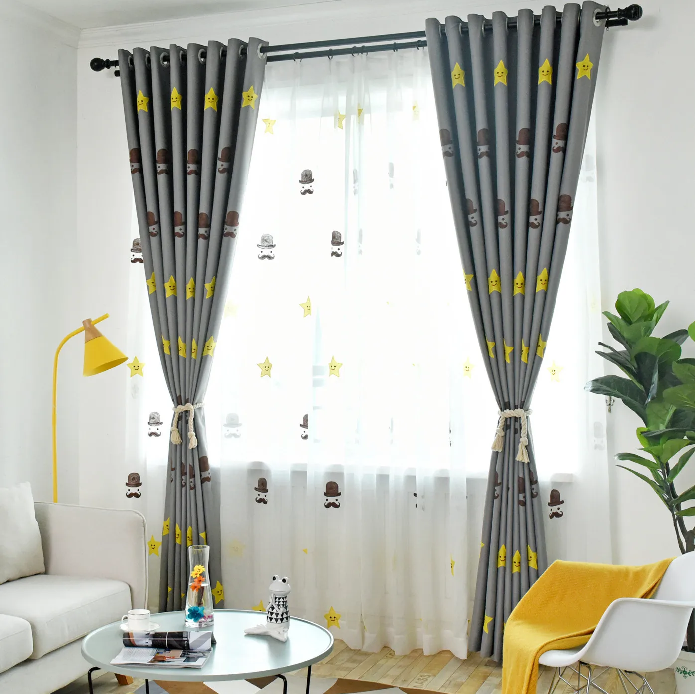 

XJ-Blackout Children's Room Curtains for Living Dining Room Bedroom Simple Modern Nordic Cartoon Embroidered Bedroom Bay Window