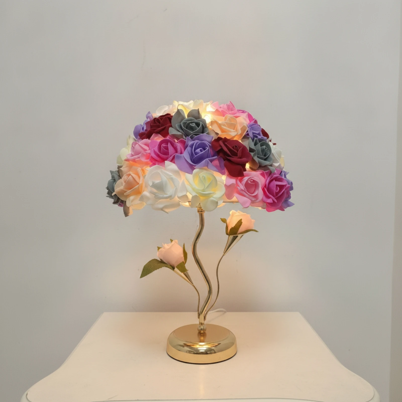 Rose Lamp Decorative Floral Table Lamp Multicolor Gold-Tone for Bedroom, Living Room