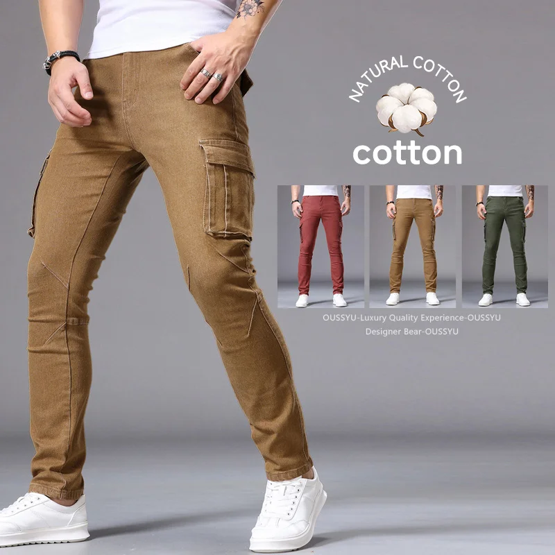 2026 High Quality Men's Stretch Denim Cargo Tapered Jeans Sl